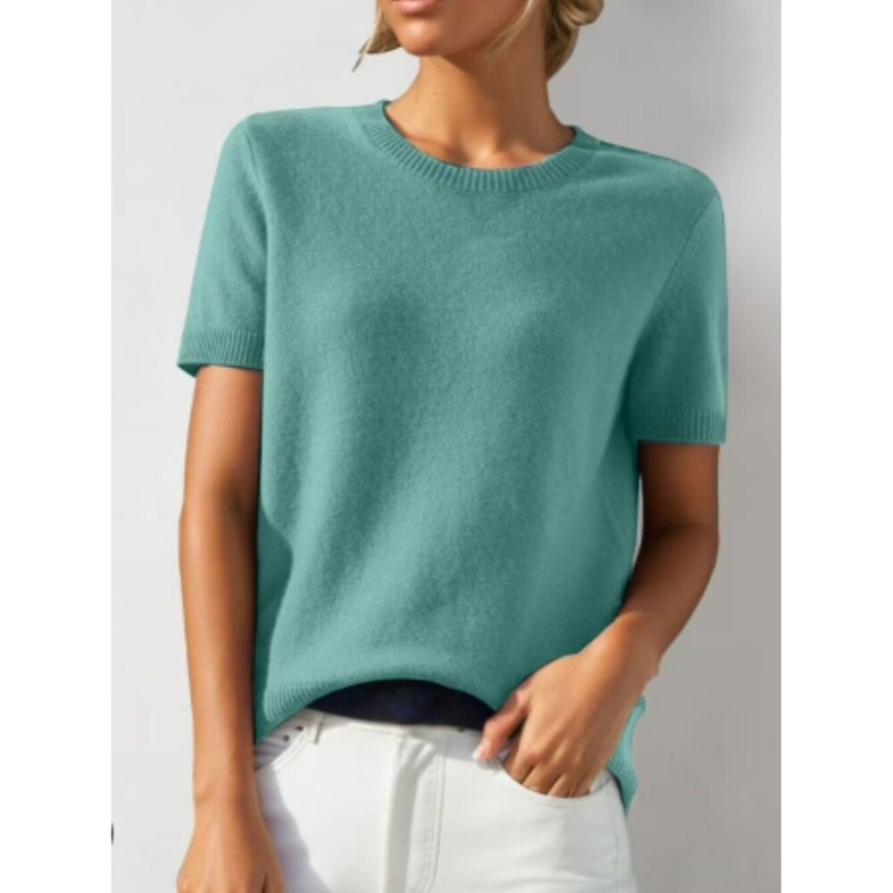 Lands' End Teal Sweater Women Medium Petite Short Sleeve Coastal Classic Knit